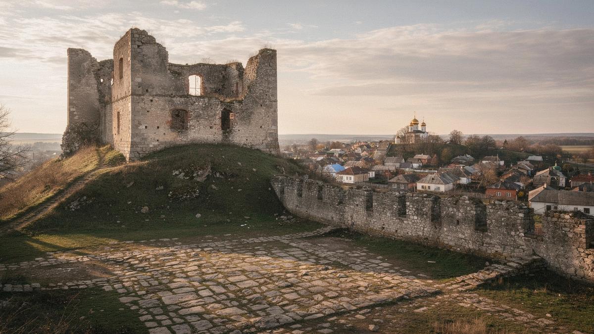 Stone castle walls above a small town in western Ukraine in late afternoon light